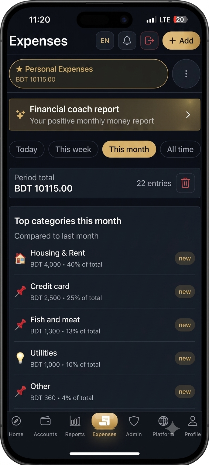 R360 Hisab Personal Expense Tracking Screen
